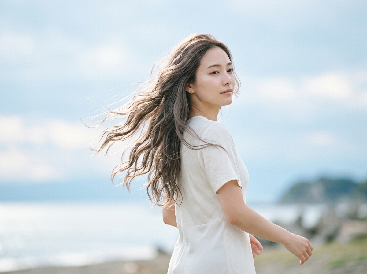 春夏の揺らぎヘアをまとった女性のエディトリアル写真
